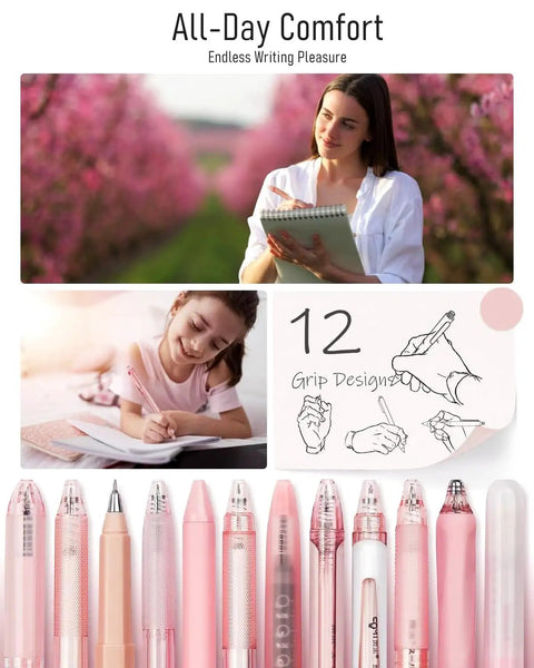 Rose Series Gel Pens Set Of 12 With Black And Pink Ink 0.5mm Fine Point Girl Writing Notes Outdoors Illustrations