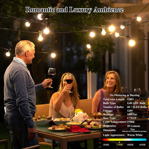 120ft Outdoor G40 LED Globe String Lights End-To-End Connectable With 60 Waterproof Shatterproof Bulbs illuminating outdoor dinner