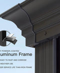 Close-up of grey powder-coated aluminum frame of 12 By 20 Ft Permanent Hardtop Aluminum Gazebo With Rock Solid Galvanized Steel Roof And Double Roof Design For Patio Lawn And Garden Includes Curtains And Netting Grey.