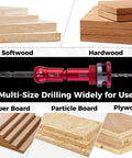 Diagram of 9 Piece Countersink Drill Bit Set With Two Flute TCT Alloy Tapered Bits And Wrench, One Quarter Inch Hex Shank, Adjustable Depth Stop For Wood Plywood Plastic Carpentry DIY, showing compatibility with various materials like softwood, hardwood, fiber board, particle board, and plywood.
