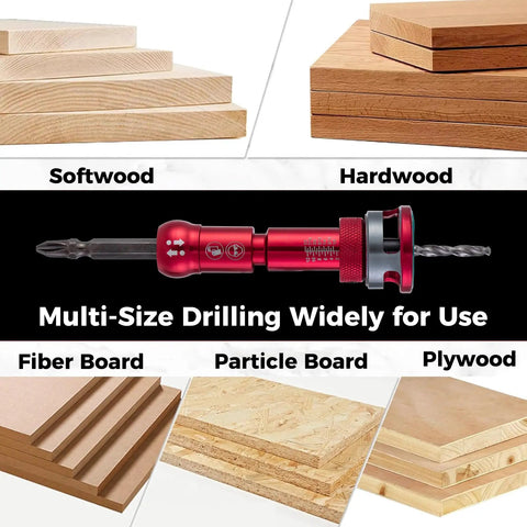 Diagram of 9 Piece Countersink Drill Bit Set With Two Flute TCT Alloy Tapered Bits And Wrench, One Quarter Inch Hex Shank, Adjustable Depth Stop For Wood Plywood Plastic Carpentry DIY, showing compatibility with various materials like softwood, hardwood, fiber board, particle board, and plywood.