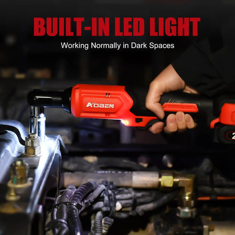 Using the 20V Cordless Ratchet Wrench Kit with a badass brushless motor, built-in LED light illuminating dark workspace.