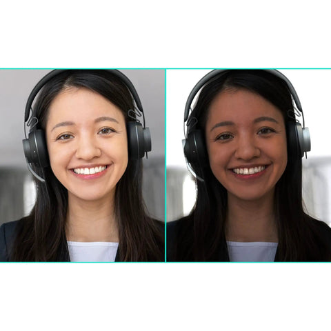 Pro Level 4K Ultra HD Webcam Featuring Swift Auto Focus And Snappy 5X Digital Zoom For Crystal Clear Streams Tight Video Calls And A Totally Fresh Remote Work Station Setup with woman wearing headphones.