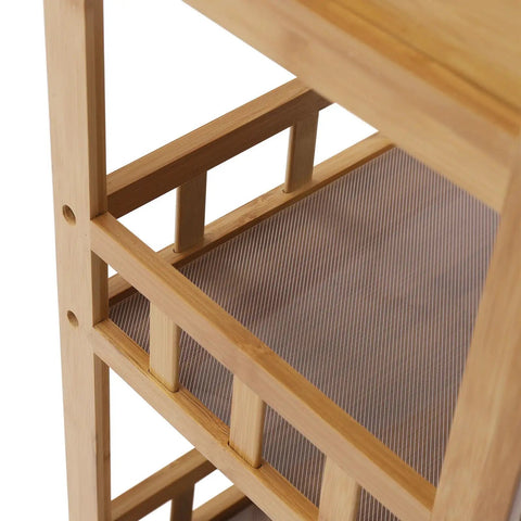 Close-up of Heavy Duty Carbonized Bamboo Rolling Cart With Whisper Quiet Caster Wheels showing wooden frame and storage compartment.