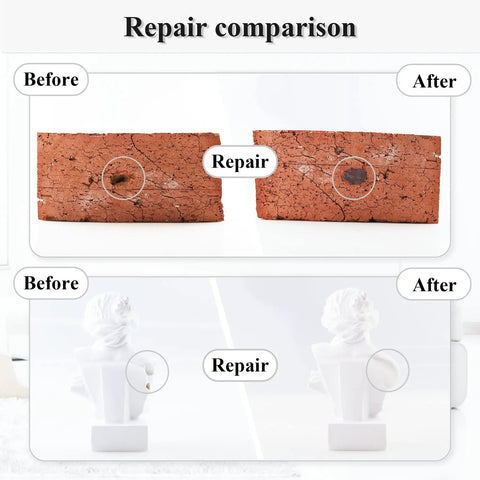 Repair comparison showing Two Part Epoxy Putty 120g Quick Leak Repair Stick For Bonding Plastic Ceramic Metal Stone Wood Glass Acrylic And More White Heat Resistant Water Resistant Wont Shrink Or Crack Pro Grade Repair on brick and statue.