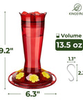 Outdoor 10 Oz Hummingbird Feeder With Ant Moat And Bee Proof Ports, red glass nectar dispenser, 13.5 oz capacity, flower designs.