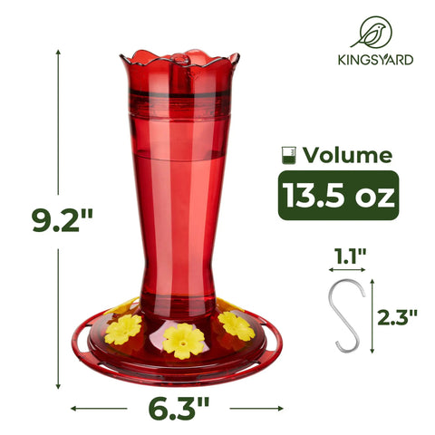 Outdoor 10 Oz Hummingbird Feeder With Ant Moat And Bee Proof Ports, red glass nectar dispenser, 13.5 oz capacity, flower designs.