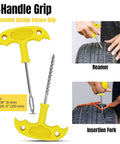 Heavy Duty Universal Tire Plug Kit With 33Pcs Puncture Repair Tools for tire repair using T-handle reamer and insertion fork.
