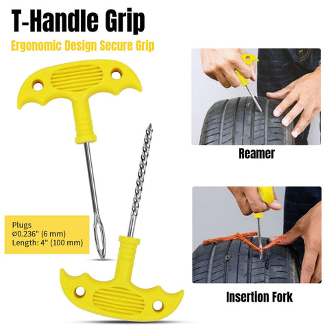 Heavy Duty Universal Tire Plug Kit With 33Pcs Puncture Repair Tools for tire repair using T-handle reamer and insertion fork.