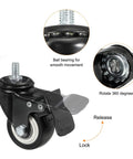 2 Inch Swivel Stem Casters With Brake PU Wheel M8x15mm Threaded Stem 1.25mm Pitch 110lbs Load Capacity Black 4 Pieces