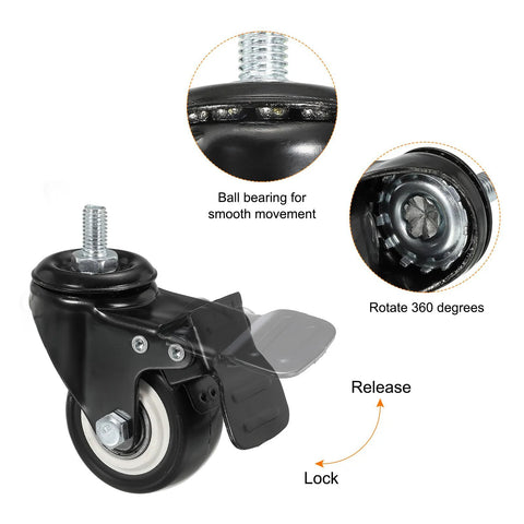 2 Inch Swivel Stem Casters With Brake PU Wheel M8x15mm Threaded Stem 1.25mm Pitch 110lbs Load Capacity Black 4 Pieces