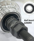 Close-up of Durable Aluminum Bike Wheel Hubs Set for Disc Brakes, showing ball bearing 6200RS detail, 36-hole design.