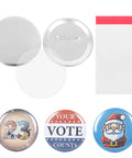 Front view of 58mm button maker kit with blank badge fronts/backs, pin backs and plastic bag; includes three sample pins