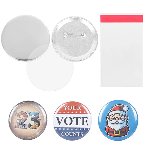 Front view of 58mm button maker kit with blank badge fronts/backs, pin backs and plastic bag; includes three sample pins
