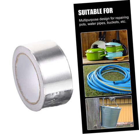 Roll of aluminum-backed leak stop tape beside images showing its use on pots, hoses, and buckets. Leak Stop Tape For Water Leaks And Hose Repair Waterproof Sealant Tape For Outdoor Plumbing And DIY Friendly Fixes Caulking Tape That Bends On Curves And Seals Pots Buckets Windows And More Easy Fix