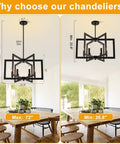 Killer 22 Inch Black Chandelier With Six Geometric Farmhouse Lights shown in adjustable height design for dining area.