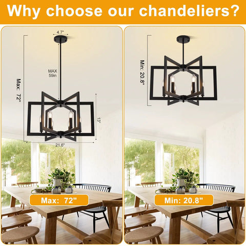 Killer 22 Inch Black Chandelier With Six Geometric Farmhouse Lights shown in adjustable height design for dining area.
