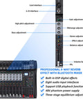 8 Channel Pro DJ Mixer Sound Board Desk Console With USB MP3 Input Bluetooth 48V Phantom Power Stereo FX Digital Interface Rugged Steel Chassis Ultra Thin 1.4 Inch Profile Black with DSP effects shown.