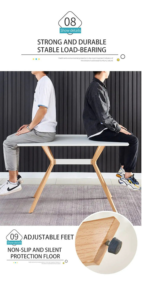 Two people sitting on a slick modern white dining table with scratch resistant top and heavy duty metal bottom shelf.