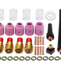 TIG Welding Torch 37 Piece Gas Lens Kit Accessories For DB SR WP 9 20 25 with cups, nozzles, collets, O-rings displayed