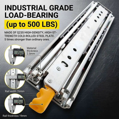 Beefy Heavy Duty Drawer Slides With 500 Lb Capacity, Full Extension Ball Bearing Rails, 76mm Wide, industrial grade steel