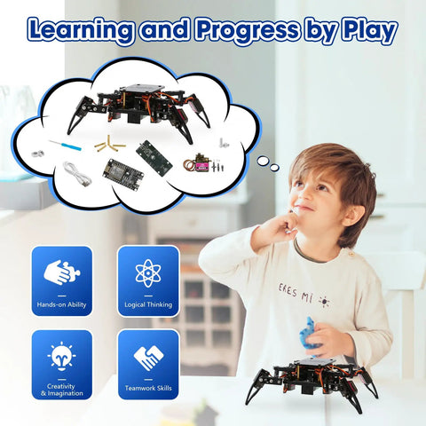 Programmable Bionic Spider Robot Kit For Kids 8 12 Teens And Adults, child holding controller with robot parts