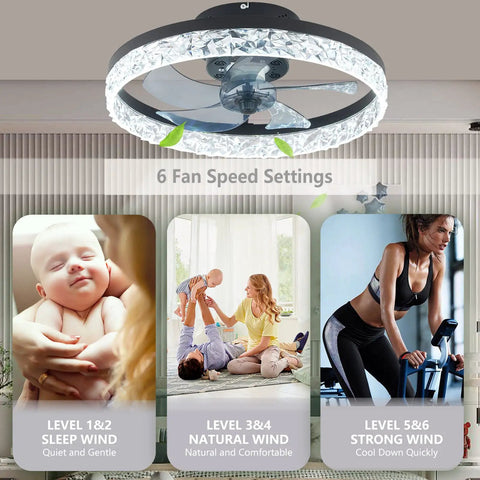 Remote Controlled Ceiling Fan With Lights 19.69 Inch Flush Mount 31W Dimmable LED Chandelier showcasing 6 fan speed settings