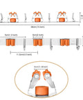 Dimensions and view of Orange Stainless Steel Broom Mop Holder Wall Mount Organizer with 3 heavy duty racks and 4 hooks.