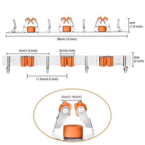 Dimensions and view of Orange Stainless Steel Broom Mop Holder Wall Mount Organizer with 3 heavy duty racks and 4 hooks.