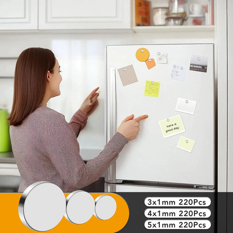 Woman using 660 Piece Tiny Magnet Set With Assorted Size Variants 3Mm By 1Mm 4Mm By 1Mm 5Mm By 1Mm for fridge notes