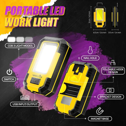 Rechargeable Magnetic LED Work Light 1200 Lumens Portable Mechanic Lamp For Camping And Car Repairing USB Charging 3600mAh Battery Built Tough Aluminum Yellow