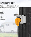 Weatherproof Outdoor NEMA 14-50R 50 Amp RV Power Outlet Box 125/250V shown in rain on metal post with RV in background