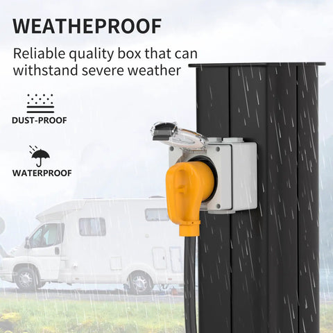 Weatherproof Outdoor NEMA 14-50R 50 Amp RV Power Outlet Box 125/250V shown in rain on metal post with RV in background