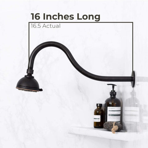 16 Inch Shower Head Extension Arm With High Arc Curve And Hook Design In Oil Rubbed Bronze against marble wall