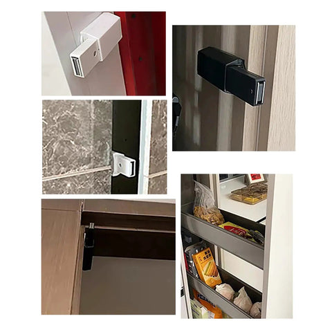 Push To Open Cabinet And Drawer Latches Multipurpose Hardware Accessory in black and white installed on cabinets