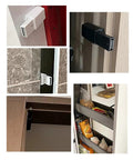 Invisible Push To Open Cabinet Latches for Modern Kitchen and Bathroom Drawers in black and white installed in various angles.
