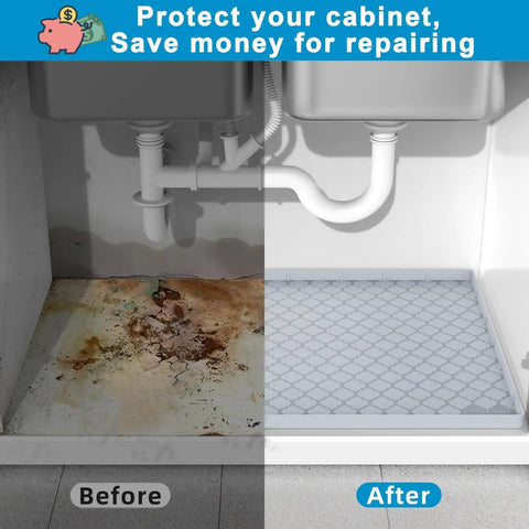 Under Sink Mat For Kitchen Waterproof Liner 36 Inch Cabinet Protector Heavy-Duty Leak And Spill Guard before and after