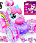 Unicorn Pink Remote Control Car For Girls, 360 Degree Rotating RC Stunt Car with LED lights and wireless controller, packaging included