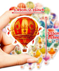 Hand holding a sticker from the 50 Piece Hot Air Balloon Sticker Pack For Teens And Creative Vibes Waterproof Vinyl Balloons Stickers Set For Laptops Journaling Water Bottles Notebooks Classrooms And Dope DIY Decor, showing vibrant colors and size details.