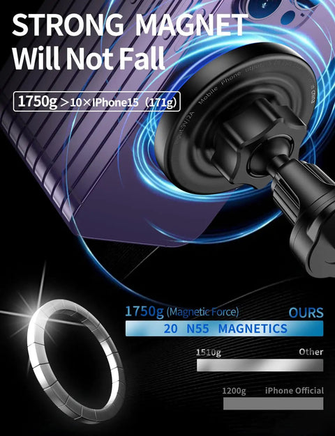 3 In 1 Wireless Car Mount Charger With RGB LED Handsfree Magnetic Phone Holder, strong magnet detail, iPhone compatibility shown.