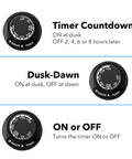 Outdoor Light Timer With Photocell Sensor Waterproof Dusk To Dawn Control showing timer countdown, dusk-dawn, on-off settings.