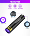 Pocket-Sized 395nm UV Flashlight USB-C Rechargeable Tiny But Mighty Blacklight With 10W Power showing features and USB-C port