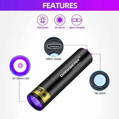 Pocket-Sized 395nm UV Flashlight USB-C Rechargeable Tiny But Mighty Blacklight With 10W Power showing features and USB-C port