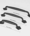 Three barn door pull handles in 8, 10, and 12 inch sizes, matte black, metal construction, shown with dimensions for DIY projects.