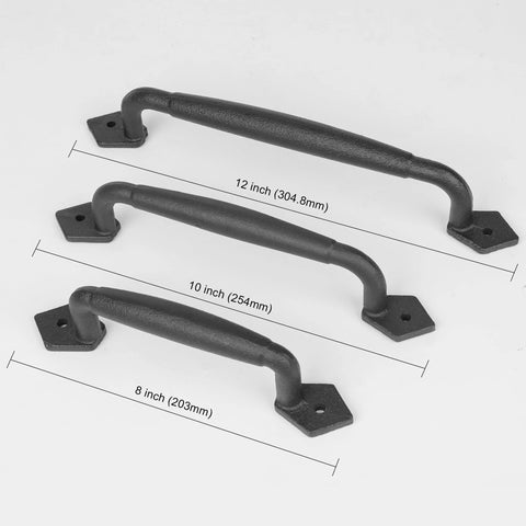 Three barn door pull handles in 8, 10, and 12 inch sizes, matte black, metal construction, shown with dimensions for DIY projects.
