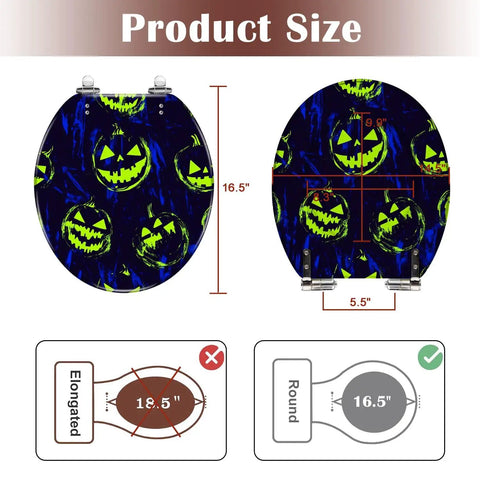 Round Resin Toilet Seat for Bathroom with Halloween pumpkin design, dimensions 16.5 inches length, 14.5 inches width.