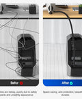 Before and after of using Split Cable Sleeve Wire Loom One Quarter Inch Cable Protector, showing neat wires, computer setup.