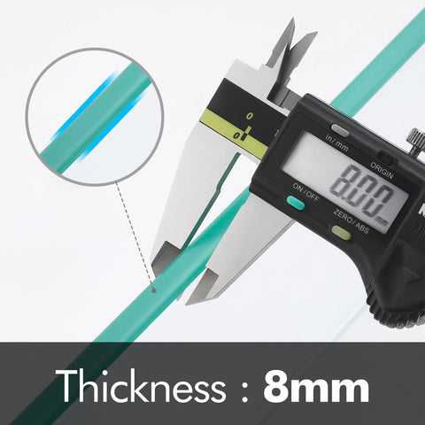 Close-up of 8mm thickness measurement for Floating Glass Shelves For Bathroom, 14 Inch Tempered Glass With Aluminum Brackets.