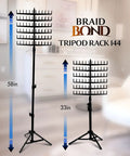 Standing Braid Hair Organizer With 144 Pegs For Hair Extensions Divider And Display Stand Height Adjustable Rack Easy Assembly Black Combo For Salon Pros And Home Use at 33 and 58 inches.