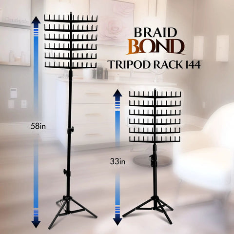 Standing Braid Hair Organizer With 144 Pegs For Hair Extensions Divider And Display Stand Height Adjustable Rack Easy Assembly Black Combo For Salon Pros And Home Use at 33 and 58 inches.